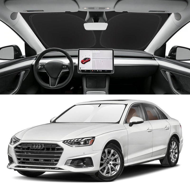 SLOGENTO غطاء شمس للزجاج الأمامي مخصص لسيارة أودي A4 2017-2025، يحجب الأشعة فوق البنفسجية والحرارة، غطاء شمس للنافذة الأمامية، سهل الطي والتخزين - Image 1